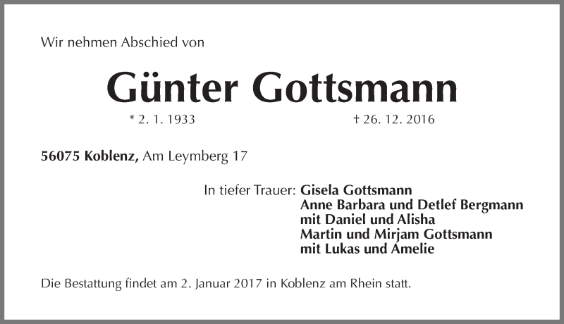  Traueranzeige für Günter Gottsmann vom 31.12.2016 aus Erlanger Nachrichten Lokal