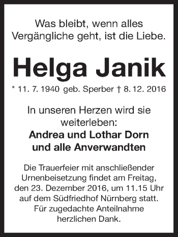 Traueranzeige von Helga Janik von Gesamtausgabe Nürnberger Nachrichten/ Nürnberger Ztg.
