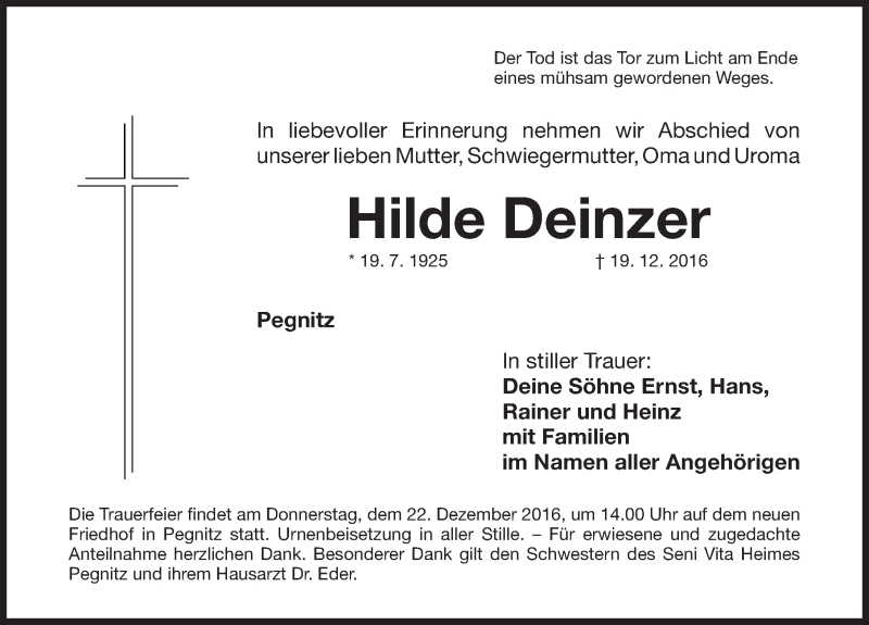  Traueranzeige für Hilde Deinzer vom 21.12.2016 aus Nordbayerische Nachrichten Pegnitz Lokal