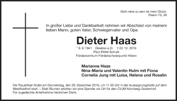 Traueranzeige von Dieter Haas von Gesamtausgabe Nürnberger Nachrichten/ Nürnberger Ztg.
