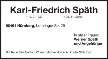 Traueranzeige von Karl-Friedrich Späth von Gesamtausgabe Nürnberger Nachrichten/ Nürnberger Ztg.