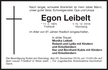 Traueranzeige von Egon Leibelt von Gesamtausgabe Nürnberger Nachrichten/ Nürnberger Ztg.
