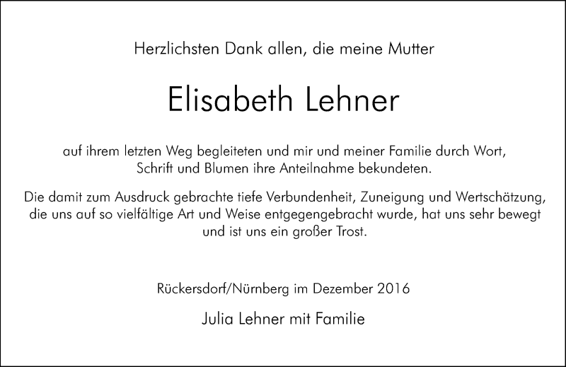  Traueranzeige für Elisabeth Lehner vom 31.12.2016 aus Gesamtausgabe Nürnberger Nachrichten/ Nürnberger Ztg.