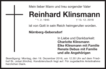 Traueranzeige von Reinhard Klinsmann von Gesamtausgabe Nürnberger Nachrichten/ Nürnberger Ztg.