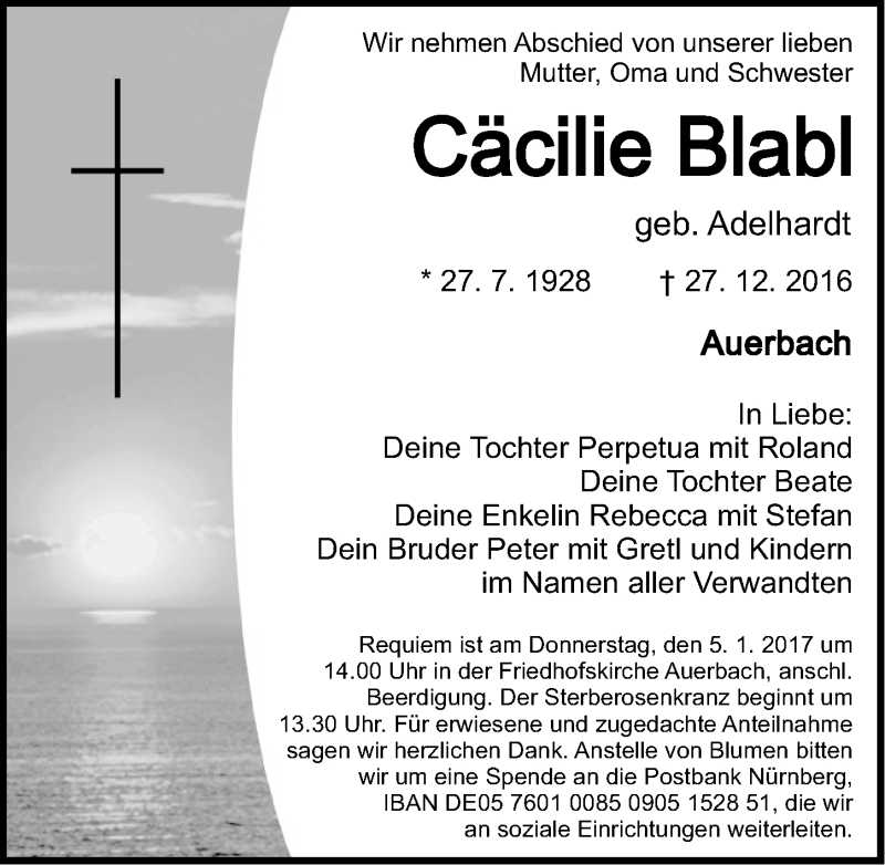  Traueranzeige für Cäcilie Blabl vom 31.12.2016 aus Nordbayerische Nachrichten Pegnitz Lokal