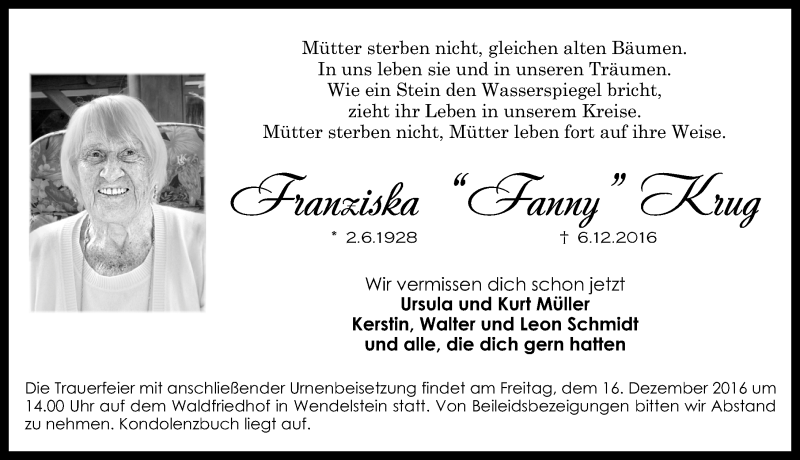  Traueranzeige für Franziska Krug vom 10.12.2016 aus Gesamtausgabe Nürnberger Nachrichten/ Nürnberger Ztg.