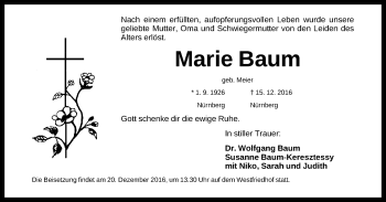 Traueranzeige von Marie Baum von Gesamtausgabe Nürnberger Nachrichten/ Nürnberger Ztg.