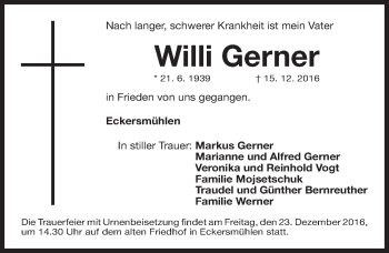 Traueranzeige von Willi Gerner von Roth-Hilpoltsteiner Volkszeitung Lokal