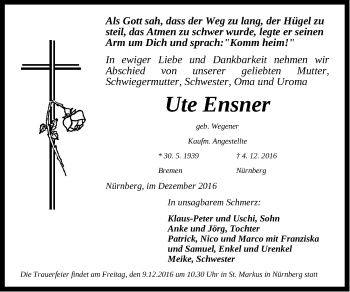 Traueranzeige von Ute Enser von Gesamtausgabe Nürnberger Nachrichten/ Nürnberger Ztg.