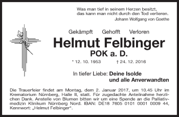 Traueranzeige von Helmut Felbinger von Gesamtausgabe Nürnberger Nachrichten/ Nürnberger Ztg.