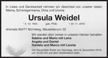 Traueranzeige von Ursula Weidel von Gesamtausgabe Nürnberger Nachrichten/ Nürnberger Ztg.