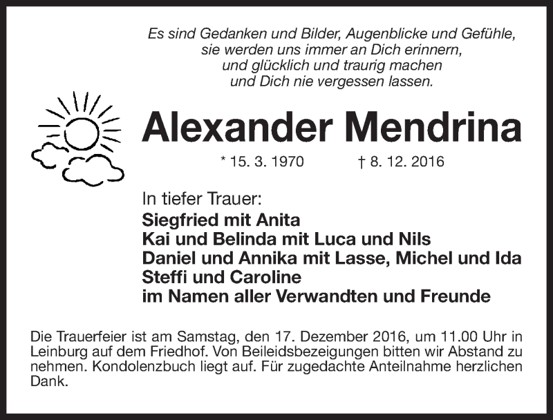  Traueranzeige für Alexander Mendrina vom 15.12.2016 aus Gesamtausgabe Nürnberger Nachrichten/ Nürnberger Ztg.