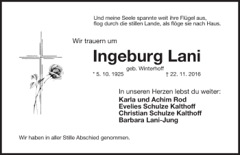 Traueranzeige von Ingeburg Lani von Gesamtausgabe Nürnberger Nachrichten/ Nürnberger Ztg.