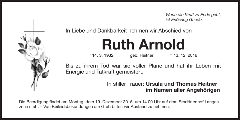  Traueranzeige für Ruth Arnold vom 16.12.2016 aus Fürther Nachrichten Lokal