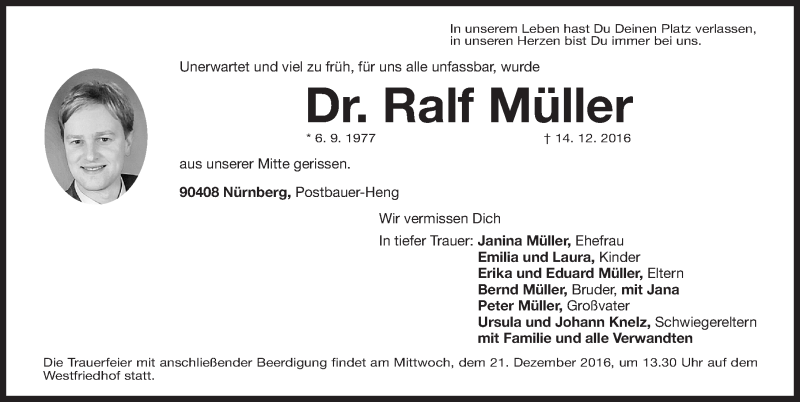  Traueranzeige für Ralf Müller vom 17.12.2016 aus Neumarkter Nachrichten Lokal