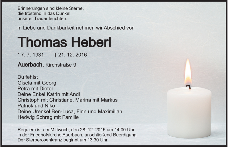  Traueranzeige für Thomas Heberl vom 24.12.2016 aus Nordbayerische Nachrichten Pegnitz Lokal