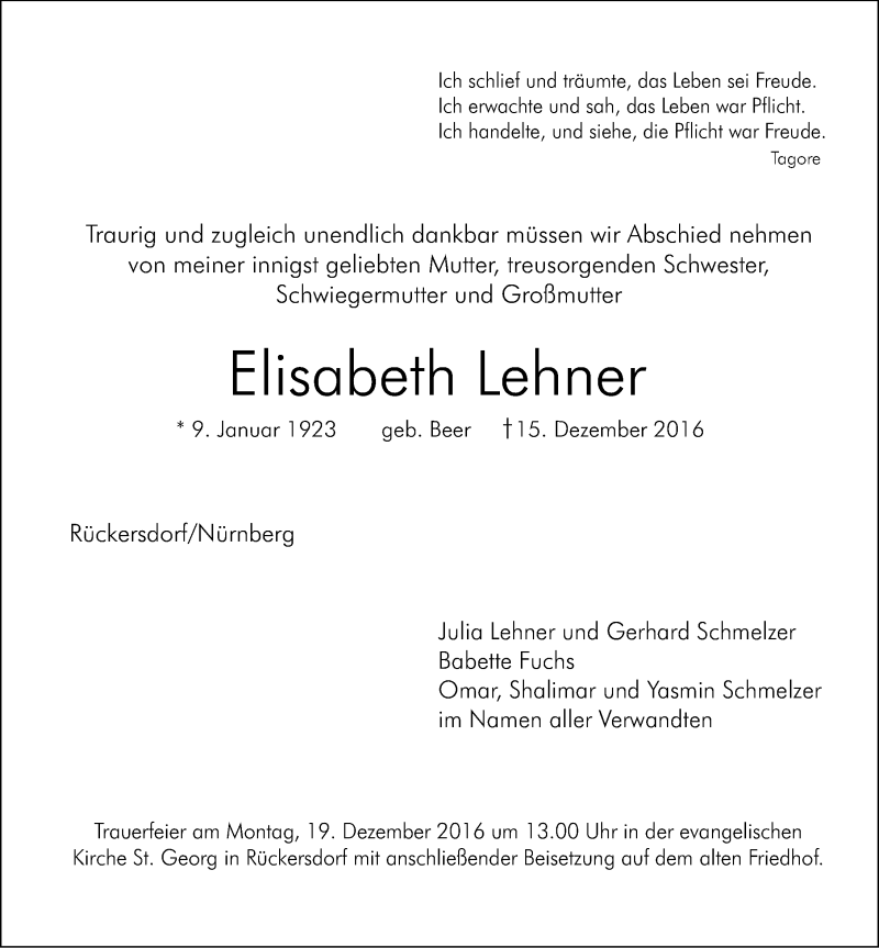  Traueranzeige für Elisabeth Lehner vom 17.12.2016 aus Gesamtausgabe Nürnberger Nachrichten/ Nürnberger Ztg.