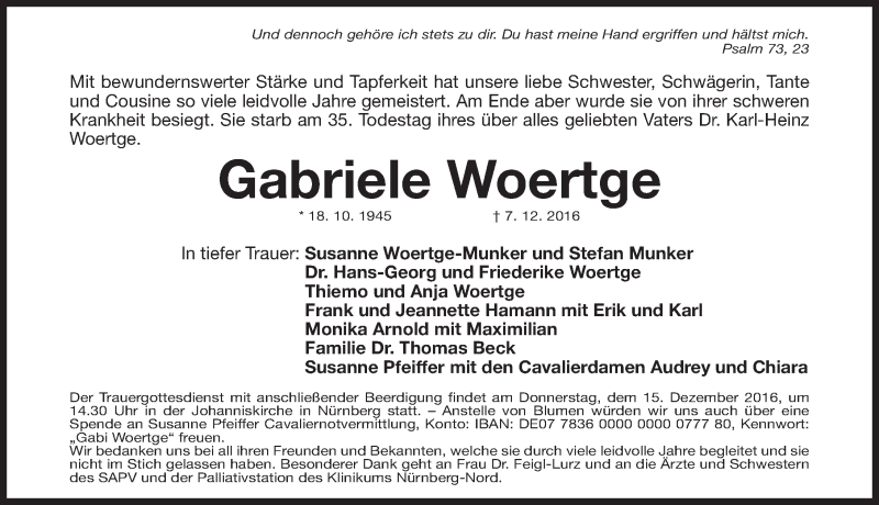  Traueranzeige für Gabriele Woertge vom 10.12.2016 aus Gesamtausgabe Nürnberger Nachrichten/ Nürnberger Ztg.