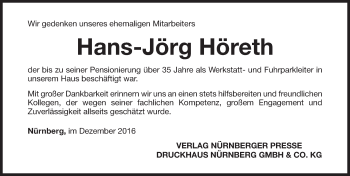 Traueranzeige von Hans-Jörg Höreth von Gesamtausgabe Nürnberger Nachrichten/ Nürnberger Ztg.
