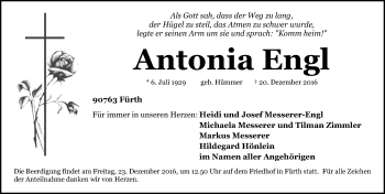 Traueranzeige von Antonia Engl von Fürther Nachrichten Lokal