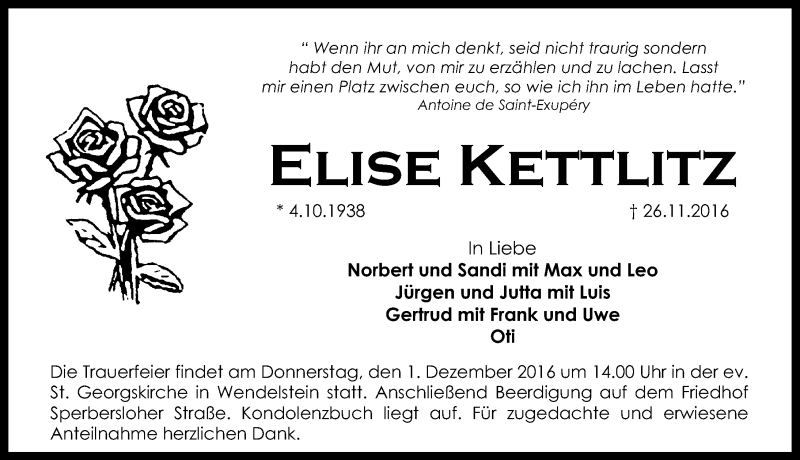 Traueranzeige für Elise Kettlitz vom 30.11.2016 aus Schwabach