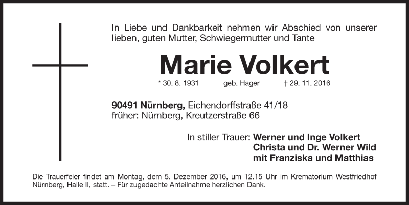  Traueranzeige für Marie Volkert vom 02.12.2016 aus Gesamtausgabe Nürnberger Nachrichten/ Nürnberger Ztg.