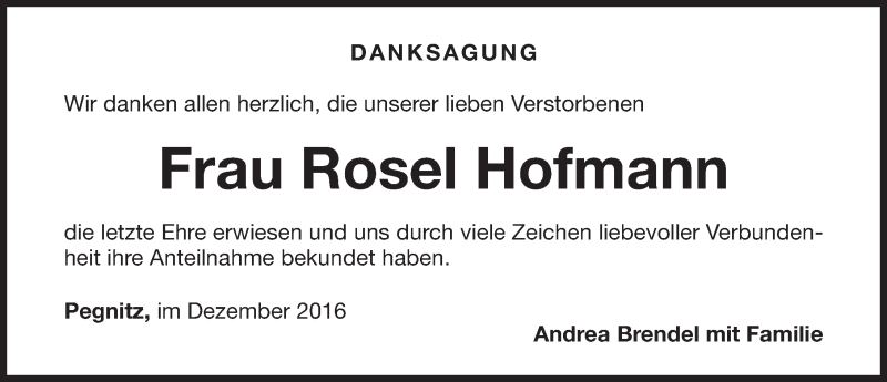  Traueranzeige für Rosel Hofmann vom 17.12.2016 aus Nordbayerische Nachrichten Pegnitz Lokal