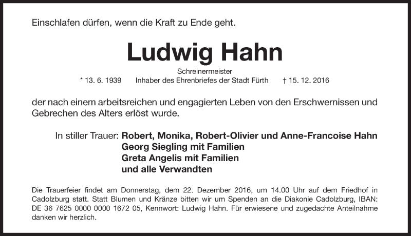  Traueranzeige für Ludwig Hahn vom 17.12.2016 aus Gesamtausgabe Nürnberger Nachrichten/ Nürnberger Ztg./ Fürther Nachrichten