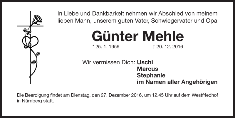  Traueranzeige für Günter Mehle vom 24.12.2016 aus Gesamtausgabe Nürnberger Nachrichten/ Nürnberger Ztg.