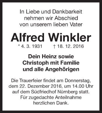 Traueranzeige von Alfred Winkler von Gesamtausgabe Nürnberger Nachrichten/ Nürnberger Ztg.