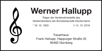 Traueranzeige von Werner Hallupp von Gesamtausgabe Nürnberger Nachrichten/ Nürnberger Ztg.