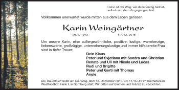 Traueranzeige von Karin Weingärtner von Gesamtausgabe Nürnberger Nachrichten/ Nürnberger Ztg.