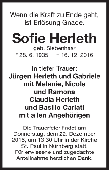 Traueranzeige von Sofie Herleth von Gesamtausgabe Nürnberger Nachrichten/ Nürnberger Ztg.