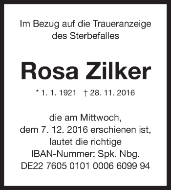 Traueranzeige von Rosa Zilker von Gesamtausgabe Nürnberger Nachrichten/ Nürnberger Ztg.