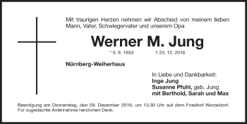 Traueranzeige von Werner Jung von Gesamtausgabe Nürnberger Nachrichten/ Nürnberger Ztg.