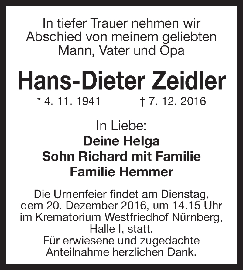  Traueranzeige für Hans-Dieter Zeidler vom 17.12.2016 aus Gesamtausgabe Nürnberger Nachrichten/ Nürnberger Ztg.
