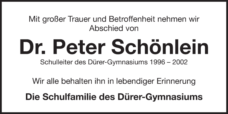  Traueranzeige für Peter Schönlein vom 05.12.2016 aus Gesamtausgabe Nürnberger Nachrichten/ Nürnberger Ztg.
