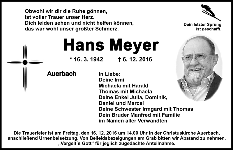  Traueranzeige für Hans Meyer vom 10.12.2016 aus Nordbayerische Nachrichten Pegnitz Lokal