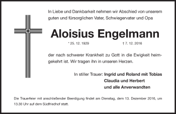 Traueranzeige von Aloisius Engelmann von Gesamtausgabe Nürnberger Nachrichten/ Nürnberger Ztg.