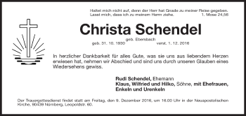 Traueranzeige von Christa Schendel von Gesamtausgabe Nürnberger Nachrichten/ Nürnberger Ztg.