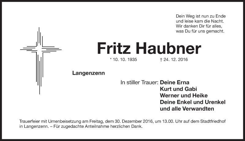  Traueranzeige für Fritz Haubner vom 27.12.2016 aus Fürther Nachrichten Lokal