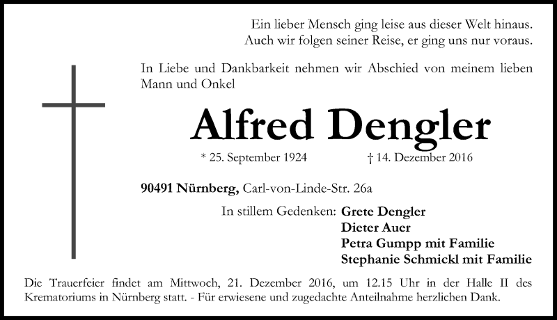  Traueranzeige für Alfred Dengler vom 17.12.2016 aus Gesamtausgabe Nürnberger Nachrichten/ Nürnberger Ztg.