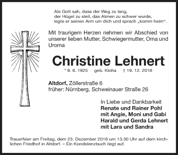 Traueranzeige von Christine Lehnert von Gesamtausgabe Nürnberger Nachrichten/ Nürnberger Ztg.