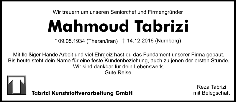  Traueranzeige für Mahmoud Kazem Tabrizi vom 17.12.2016 aus Gesamtausgabe Nürnberger Nachrichten/ Nürnberger Ztg.
