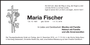 Traueranzeige von Maria Fischer von Gesamtausgabe Nürnberger Nachrichten/ Nürnberger Ztg.