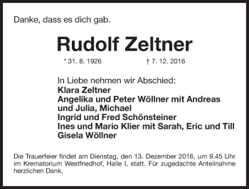 Traueranzeige von Rudolf Zeltner von Gesamtausgabe Nürnberger Nachrichten/ Nürnberger Ztg.