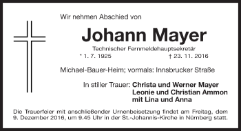 Traueranzeige von Johann Mayer von Gesamtausgabe Nürnberger Nachrichten/ Nürnberger Ztg.
