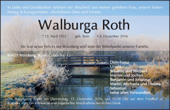 Traueranzeige von Walburga Roth von Gesamtausgabe Nürnberger Nachrichten/ Nürnberger Ztg.