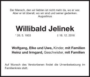 Traueranzeige von Willibald Jelinek von Gesamtausgabe Nürnberger Nachrichten/ Nürnberger Ztg.