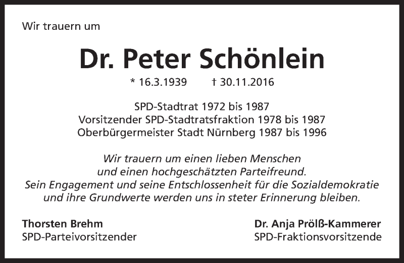  Traueranzeige für Peter Schönlein vom 03.12.2016 aus Gesamtausgabe Nürnberger Nachrichten/ Nürnberger Ztg.